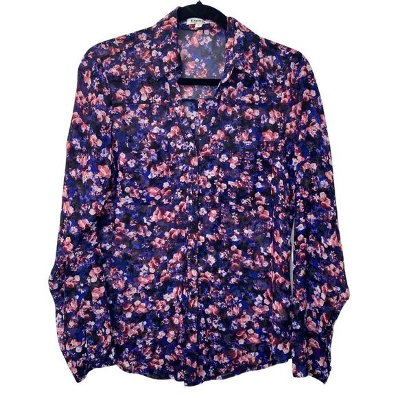🚨FINAL OFFER Express Sheer Floral Pink/ Purple Button Up Blouse Size Small - Picture 1 of 11